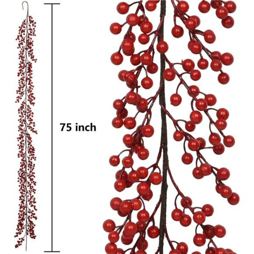 6FT Red Berry Christmas Garland, Artificial Berry Garland Indoor Outdoor Decor